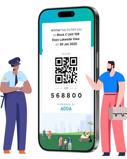 Visitor QR invite on a smartphone with security guard and resident illustration