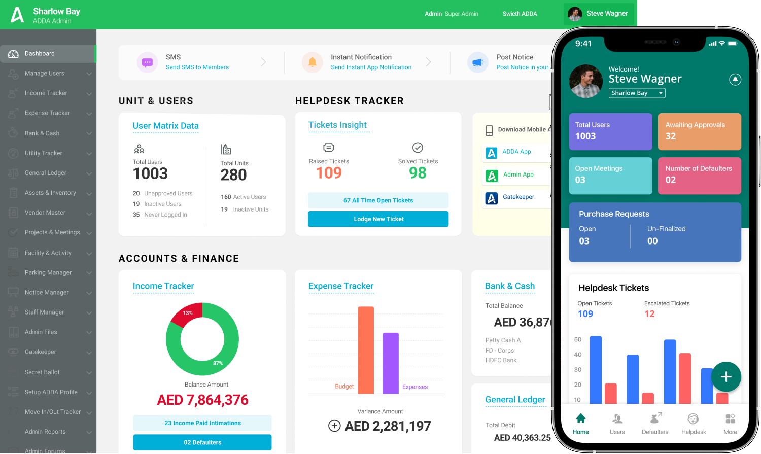 ADDA community manager dashboard with KPI tiles, charts and mobile app preview