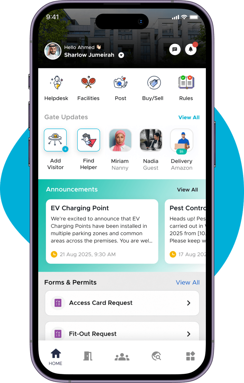 ADDA tenant mobile app showing Helpdesk, Facilities, Post, Buy/Sell, Rules, Gate Updates, Announcements and Forms & Permits