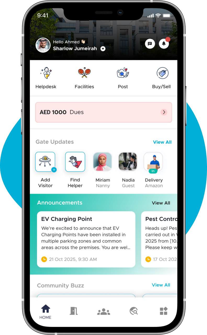 ADDA Resident App showing helpdesk, dues, gate updates and announcements